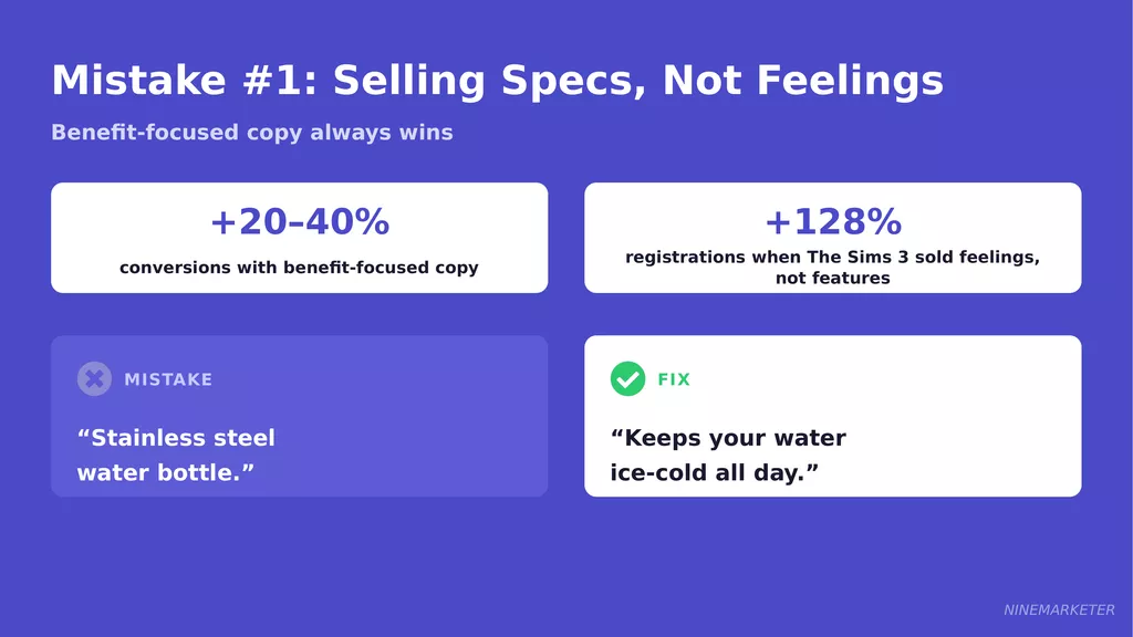 How to Write Product Ad Copy That Converts for Dropshipping Products 22 Mistakes Slide 1 Specs Vs Feelings